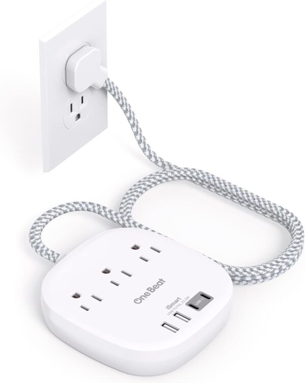 1746316671_51mzkIX2ksL._AC_SL1500_.jpg One Beat Flat Plug Power Strip, 5ft Flat Extension Cord, 3 Outlets 4 USB Ports (2 USB C) 22.5W/4.5A Desktop Charging Station Power Strip No Surge Protection, Cruise Ship Dorm Room Travel Essentials