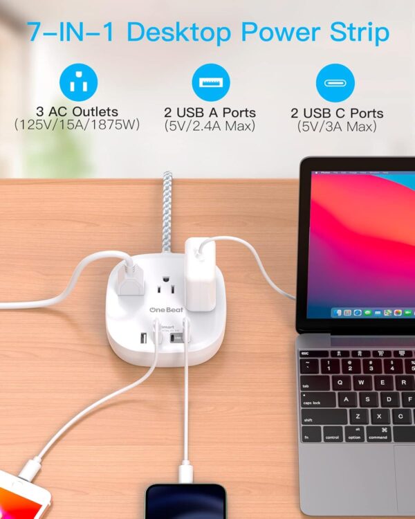 1746316677_71MQNPITHoL._AC_SL1500_.jpg One Beat Flat Plug Power Strip, 5ft Flat Extension Cord, 3 Outlets 4 USB Ports (2 USB C) 22.5W/4.5A Desktop Charging Station Power Strip No Surge Protection, Cruise Ship Dorm Room Travel Essentials