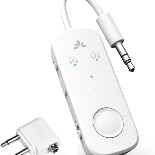 Avantree Relay – Premium Airplane Bluetooth 5.3 Adapter, Supports 2 AirPods or Headphones with aptX Adaptive, 3.5mm AUX Jack Wireless Audio Transmitter for Planes, Travel, TV (White)