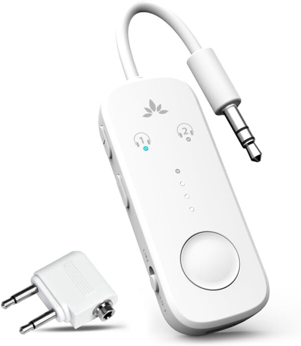 41ntZ7jqfLL._AC_SL1024_.jpg Avantree Relay - Premium Airplane Bluetooth 5.3 Adapter, Supports 2 AirPods or Headphones with aptX Adaptive, 3.5mm AUX Jack Wireless Audio Transmitter for Planes, Travel, TV (White)