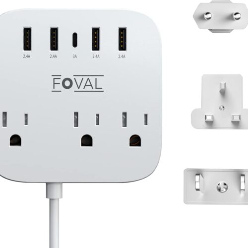European Travel Plug Adapter, FOVAL EU UK US Power Strip with USB C and 4 USB Ports, 3 AC Outlets, Wall Mountable, 5ft Extension Cord, Compact for Travel, Cruise Ship, Home Office