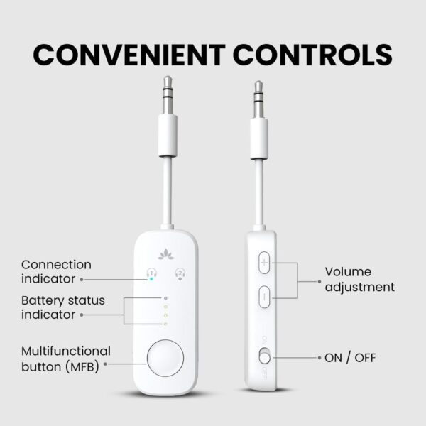 51MhKNzHi0L._AC_SL1024_.jpg Avantree Relay - Premium Airplane Bluetooth 5.3 Adapter, Supports 2 AirPods or Headphones with aptX Adaptive, 3.5mm AUX Jack Wireless Audio Transmitter for Planes, Travel, TV (White)