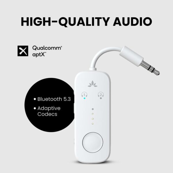 51oGJebd00L._AC_SL1024_.jpg Avantree Relay - Premium Airplane Bluetooth 5.3 Adapter, Supports 2 AirPods or Headphones with aptX Adaptive, 3.5mm AUX Jack Wireless Audio Transmitter for Planes, Travel, TV (White)