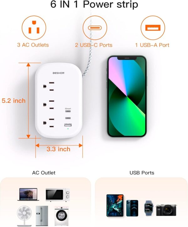 610QeyAsm2L._AC_SL1500_.jpg BESHON Flat Plug Power Strip, 3 Outlets with 3 USB Ports(2 USB C), Ultra Flat 3.2ft Wrapped Around Extension Cord for Cruise Ship, Travel, Dorm Room Essentials