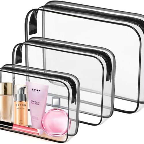 3 Pack Clear Toiletry Bag, TSA Approved Makeup Pouch Water Resistant Portable Travel Organizer, Carry On PVC Cosmetic for Airport Airline Complian