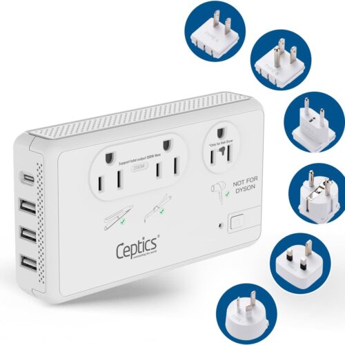 614ygPbMFwL._AC_SL1500_.jpg Ceptics 2000W Travel Voltage Converter for Hair Dryer & 200W Convert 220V to 110V for Curling Iron, Straightener, Chargers, Step Down World Power 4 USB Charging QC 3.0 SWadApt Type A, B, C, E/F, G, I