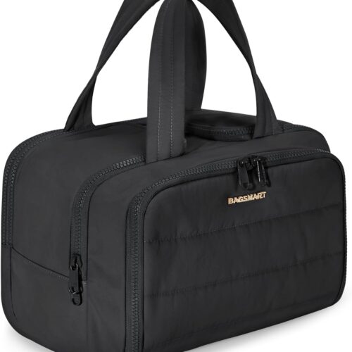 61DtJR4vcqL._AC_SL1500_.jpg BAGSMART Travel Toiletry Bag, Lightweight Large Wide-open Travel Bag for Women, Puffy Cosmetic Makeup Bag Organizer with Handle for Accessories,Essentials, Toiletries, Black