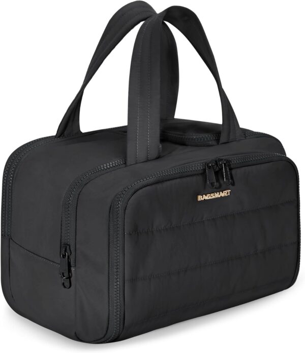 61DtJR4vcqL._AC_SL1500_.jpg BAGSMART Travel Toiletry Bag, Lightweight Large Wide-open Travel Bag for Women, Puffy Cosmetic Makeup Bag Organizer with Handle for Accessories,Essentials, Toiletries, Black