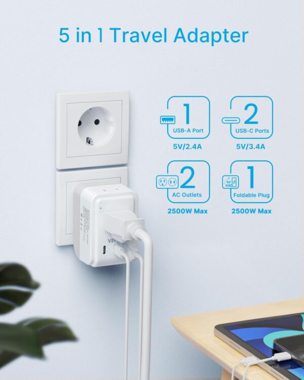 61Dvafmd5vL._AC_SL1500_.jpg 1 Pack European Travel Plug Adapter, VINTAR Foldable International Power Plug with 2 AC Outlets 3 USB Ports(2 USB C), Type C Travel Essentials Charger for US to Most of Europe EU Italy Spain France