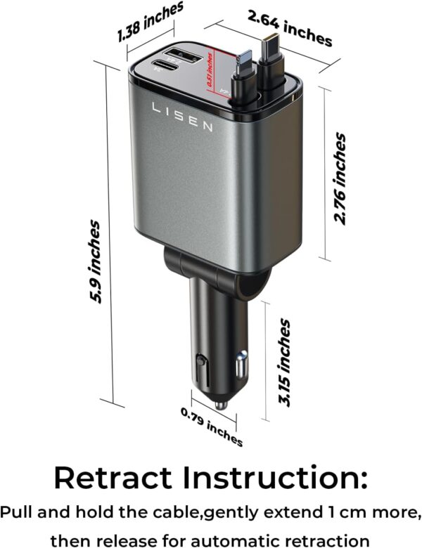 LISEN Retractable Car Charger, 69W USB C Car Accessories Adapter for iPhone 16 USBC Charger Fast Charging, Mothers Day for Gifts, Travel Essentials for Women Men, Road Trip Essentials for iPhone 16 15