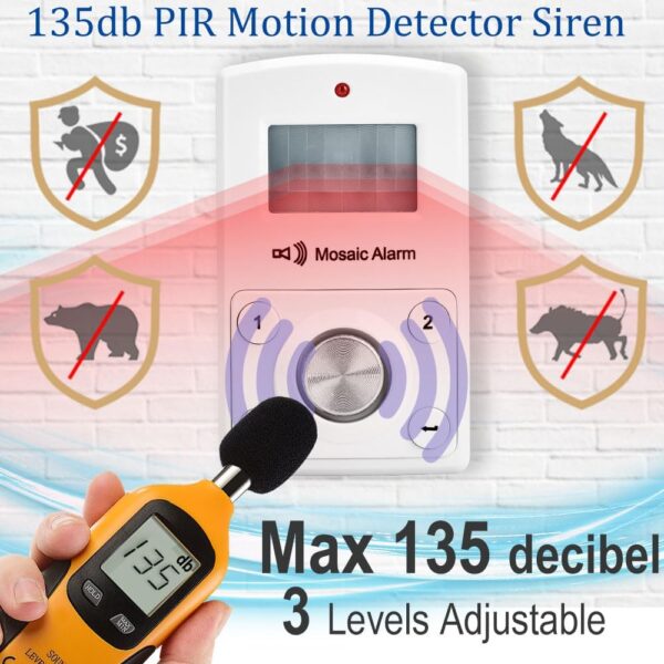 61JNq9K-FfL._AC_SL1000_.jpg 135dB Remote Motion Sensor Alarm Loud Sound for Garage, Shed. Portable Battery Operated Keypad Alert for Travel, Camp. Freestanding Indoor Home Security Motion Detecting Siren. Cordless or USB Power