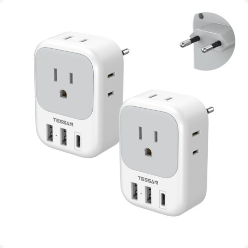 61OJJWDHt5L._AC_SL1500_.jpg 2 Pack European Plug Adapter USB C, TESSAN US to Europe Adapter 4 Outlets 3 USB Charger, Type C International Power Adaptor to Italy Spain France Portugal Iceland Germany, Europe Travel Essentials