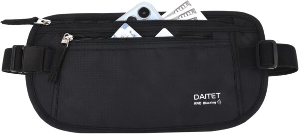 61Qe0mkTWlL._AC_SL1500_.jpg DAITET Money Belt - Passport Holder Secure Hidden Travel Wallet with RFID Blocking, Undercover Fanny Pack (Black)