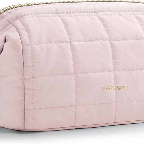 BAGSMART Makeup Bag Travel Toiletry Bag, Puffy Padded Make Up Bags for Women Makeup Organizer Case, Wide-open Pouch Purse Travel Essentials Toiletries Accessories Brushes, Pink