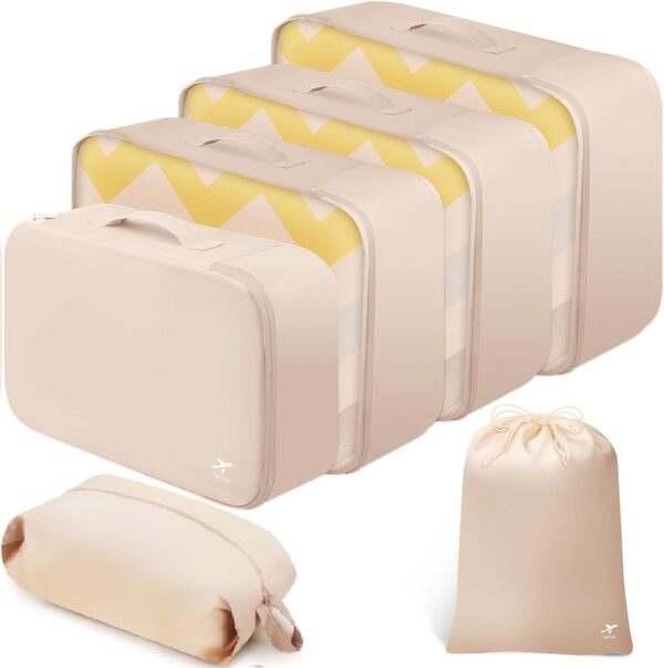 61VgQpwOUlL._AC_SL1500_.jpg HOTOR Packing Cubes for Suitcases - 6 Pieces, Light Packing Cubes for Travel, Premium Suitcase Organizer Bags Set, Space-Saving Luggage Organizers, Travel Accessories and Essentials, Beige