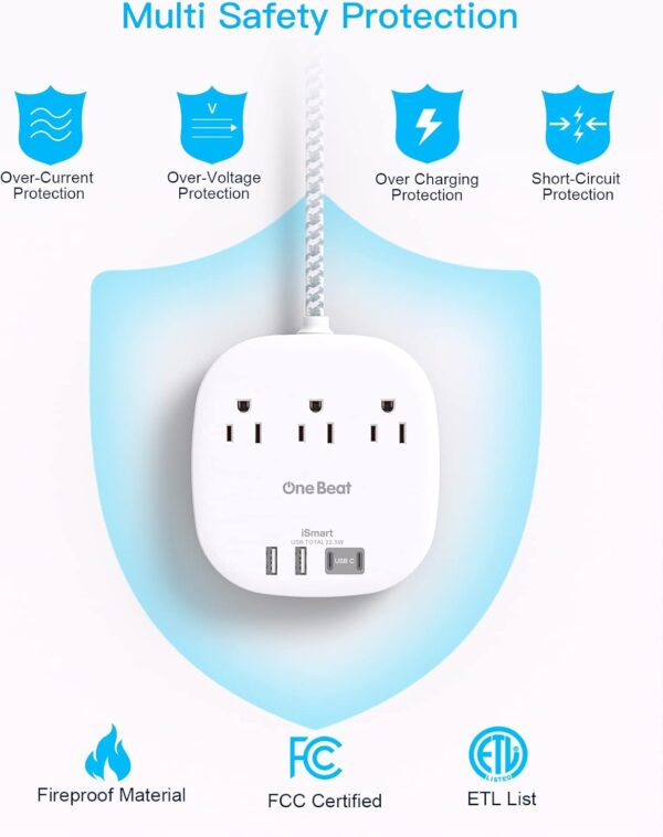 61XSky-ifnL._AC_SL1500_.jpg One Beat Flat Plug Power Strip, 5ft Flat Extension Cord, 3 Outlets 4 USB Ports (2 USB C) 22.5W/4.5A Desktop Charging Station Cruise Ship Power Strip No Surge Protection, Dorm Room Travel Essentials