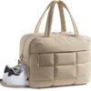 BAGSMART Puffer Travel Duffel Bag, Small Gym Bag for Women, Water-resistant Weekender with Shoe Compartment, Camel