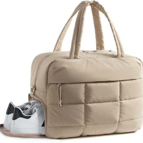 BAGSMART Puffer Travel Duffel Bag, Small Gym Bag for Women, Water-resistant Weekender with Shoe Compartment, Camel
