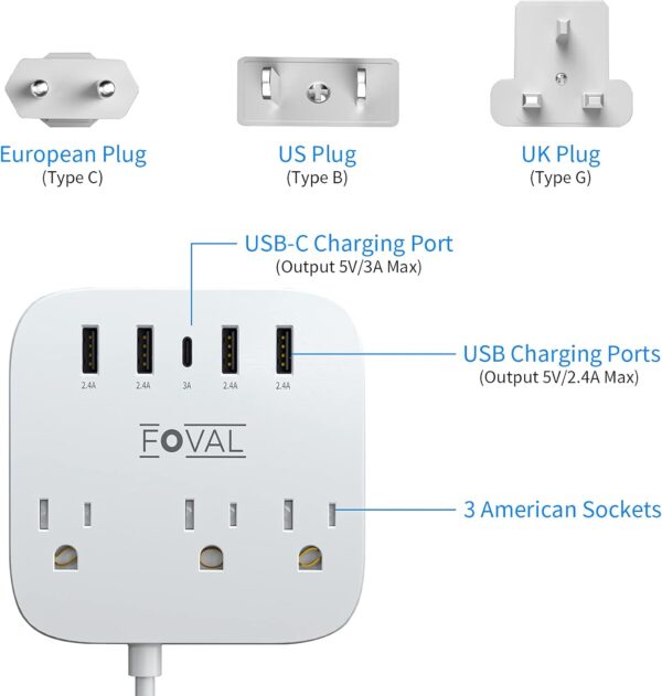 European Travel Plug Adapter, FOVAL EU UK US Power Strip with USB C and 4 USB Ports, 3 AC Outlets, Wall Mountable, 5ft Extension Cord, Compact for Travel, Cruise Ship, Home Office