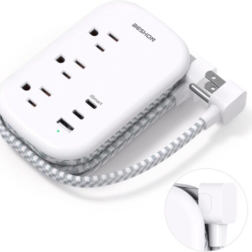 61chHJJsm3L._AC_SL1500_.jpg BESHON Flat Plug Power Strip, 3 Outlets with 3 USB Ports(2 USB C), Ultra Flat 3.2ft Wrapped Around Extension Cord for Cruise Ship, Travel, Dorm Room Essentials