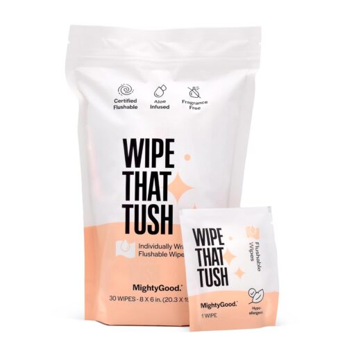 Wipe That Tush On-The-Go Flushable Wet Wipes – 1 Pack, 30 Wipes – Individually Wrapped Extra-Large Wipes with Aloe – Hypoallergenic & Unscented – Septic and Sewer Safe