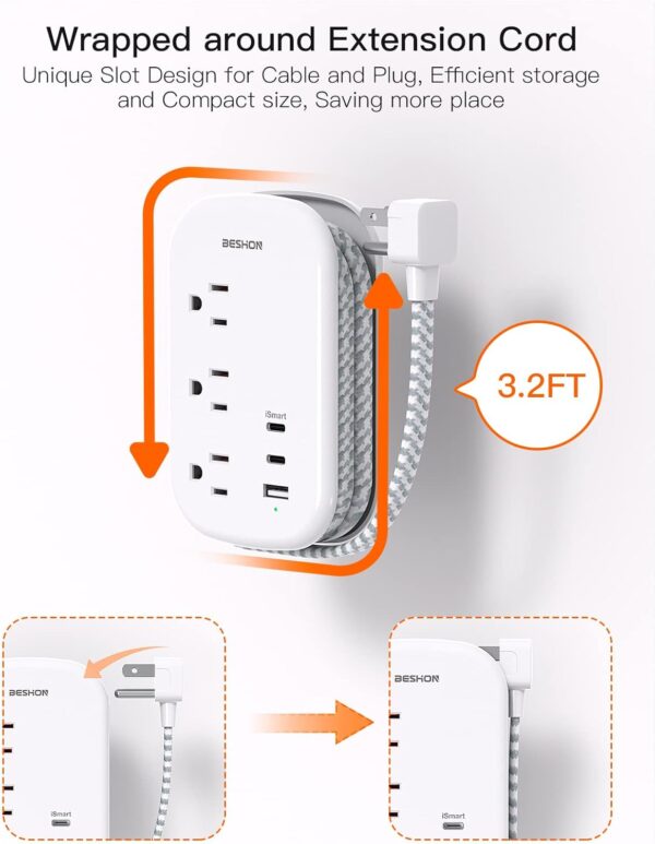 61jNOKDEEdL._AC_SL1500_.jpg BESHON Flat Plug Power Strip, 3 Outlets with 3 USB Ports(2 USB C), Ultra Flat 3.2ft Wrapped Around Extension Cord for Cruise Ship, Travel, Dorm Room Essentials
