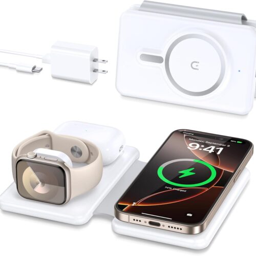 61r-jH4l3nL._AC_SL1500_.jpg Magnetic Wireless Charger for iPhone: 3 in 1 Travel Charging Station for Apple Devices for iPhone 16 15 14 13 12 Pro Max Plus – Foldable Charging Pad for Apple Watch Series & Airpods 4 3 2 Pro