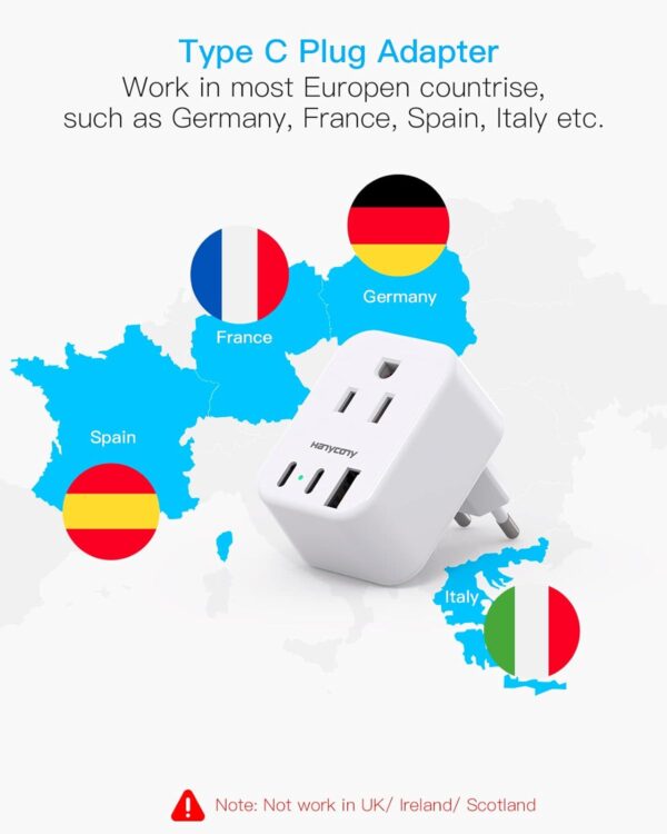 European Travel Plug Adapter for International, HANYCONY Italy Spain Power Adapter 2 Outlets 2 USB C Ports, Type C Adapter Travel Cruise Essentials for US to Most Europe France Germany EU, 2 Pack