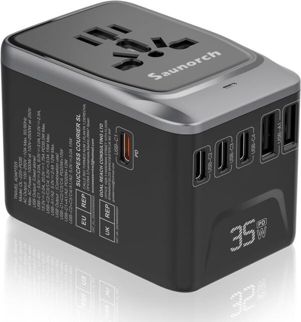 71-Sg4JrfsL._AC_SL1500_.jpg Universal Travel Adapter, PD 35W 7 in 1 International Power Plug Adapter with 7.0A 4 USB-C and 2 USB-A Fast Wall Charger, Worldwide AC Outlet for US Europe UK AUS (Black+Silver)