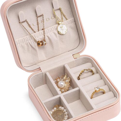 Vlando Travel Jewelry Case – Mothers Day Gifts for Mom Grandma Wife – Small Jewelry Travel Organizer Box Travel Essentials Christmas Gift for Women Girl – Pink