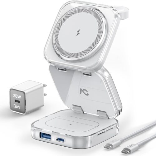 Wireless Charger for MagSafe, AC Island 5-in-1 Portable Travel Charging Station, 15W Max Fast Foldable Magnetic Stand, Evolved for iPhone 16/15/14/13 Series, Apple Watch, AirPods (with 35W Adapter)