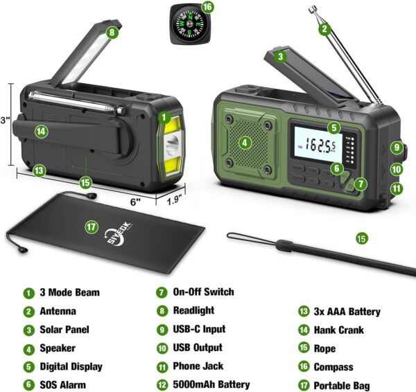 712N3ULhAL._AC_SL1500_.jpg Crank Emergency Radio 5000mAh, Weather Radio, Solar Radios Battery Operated, NOAA/AM/FM Weather Alert Radios with Power Bank Phone Charger, SOS Alarm, Flashlight & Reading Lamp Indoor Outdoor