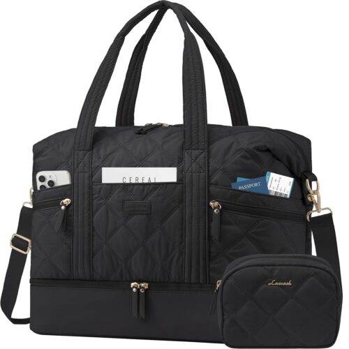 LOVEVOOK Travel Duffle Bag, Lightweight Weekender Bags for Women with Shoe Compartment, Puffer Gym Bag Personal Item Travel Bag, Quilted Overnight Bags and Hospital Bag for Labor and Delivery, Black