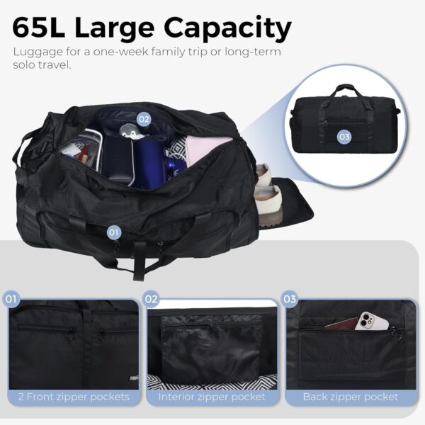 712Y0z6PfmL._AC_SL1500_.jpg Fmeida 65L Duffle Bag with Shoes Compartment, Foldable Travel Duffel Bags for Men Women, Large Packable Travel Bag Water Repellent & Tear Resistant (Black)