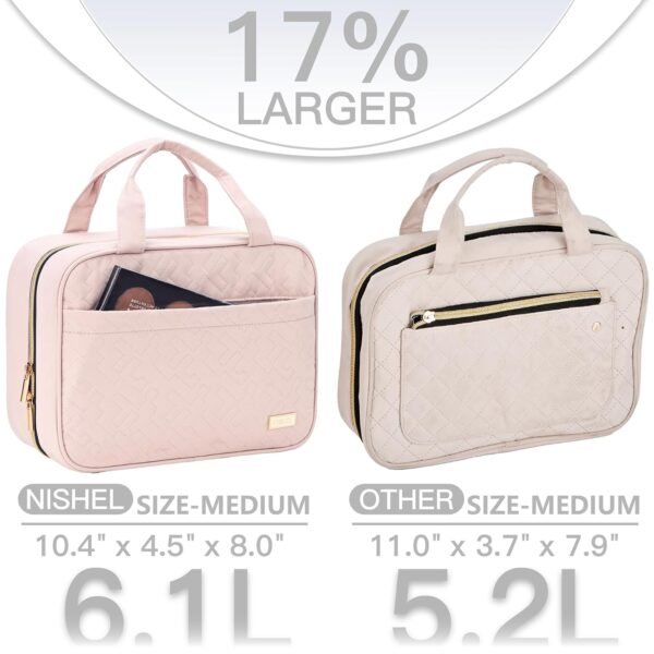 713ZUVx25KL._SL1500_.jpg NISHEL Travel Toiletry Bag for women, Portable Hanging Organizer for Travel-Sized Shampoo, Conditioner, Brushes Set, makeup Accessories, Medium Size, Pink
