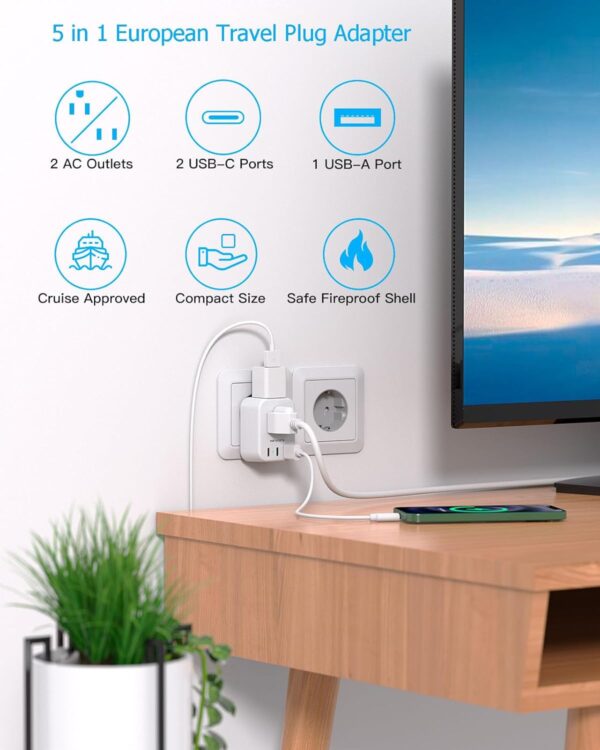 European Travel Plug Adapter for International, HANYCONY Italy Spain Power Adapter 2 Outlets 2 USB C Ports, Type C Adapter Travel Cruise Essentials for US to Most Europe France Germany EU, 2 Pack