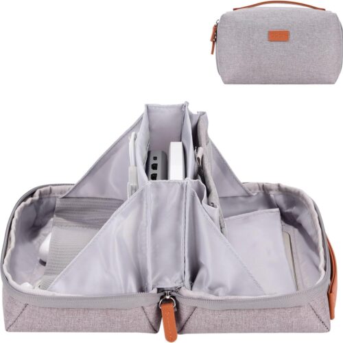 DDgro Electronics Organizer Travel Pouch – Perfect Accessory Bag for Electronics, MacBook Charger & Cords, Cables, Hard Drive (Light Grey-Brown)