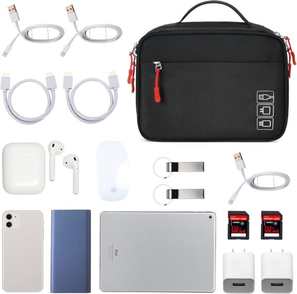 MIRLEWAIY Travel Charger Cable Organizer Portable Electronics Accessories Carrying Bag Waterproof Cord Storage Case Double Layer for Hard Drives, Phone, USB, SD Card, Black