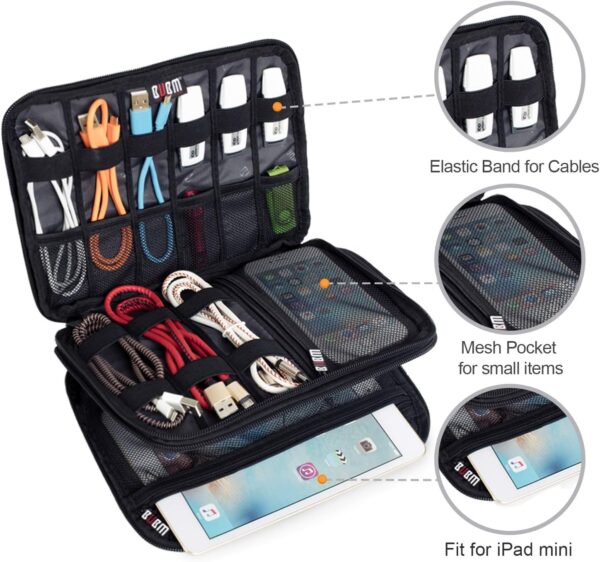 716-vpWOw5L._AC_SL1500_.jpg BUBM Double Layer Electronic Accessories Organizer, Travel Gadget Bag for Cables, USB Flash Drive, Plug and More, Perfect Size Fits for iPad Mini (Medium, Black)