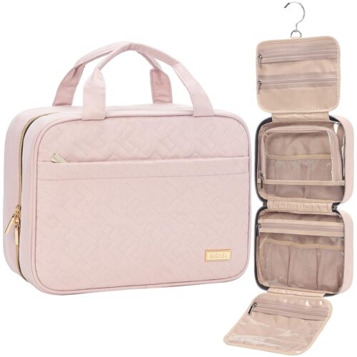 716CURzfBdL._SL1500_.jpg NISHEL Travel Toiletry Bag for women, Portable Hanging Organizer for Travel-Sized Shampoo, Conditioner, Brushes Set, makeup Accessories, Medium Size, Pink