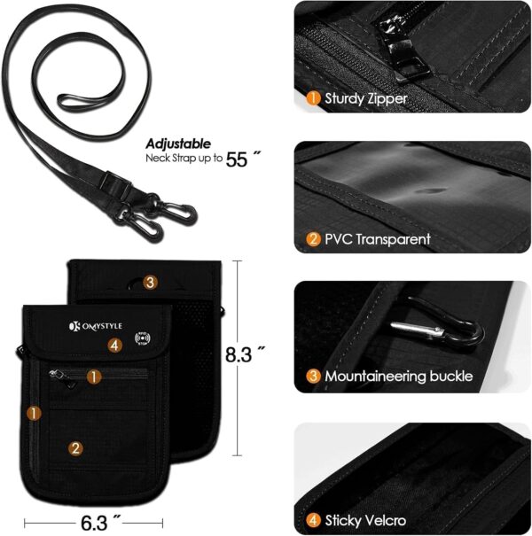 OMYSTYLE Neck Wallet, RFID Passport Holder for Travel, Adjustable Neck Strap, Waterproof Neck Pouch for Men & Women to Keep Cash, Credit Cards and Documents Safe, Black (8x6)