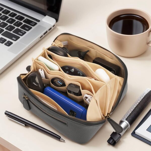717AHkHqZRL._AC_SL1500_.jpg Electronic Organizer Travel Case, Portable Waterproof PU Leather Tech Pouch, Accessories Storage Bag, Compact Travel Cord Organizer for Cable, Charger, Phone, Earbuds (3L Black)