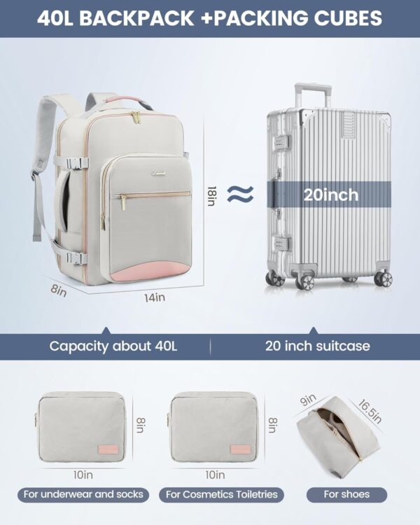 71A1GYEnahL._AC_SL1500_.jpg LOVEVOOK Carry on Travel Backpack, 40L Waterproof Large 17inch Laptop Luggage Daypack as Personal Item Flight Approved, Business Weekender Overnight with 3 Packing Cubes, Light gray-Pink