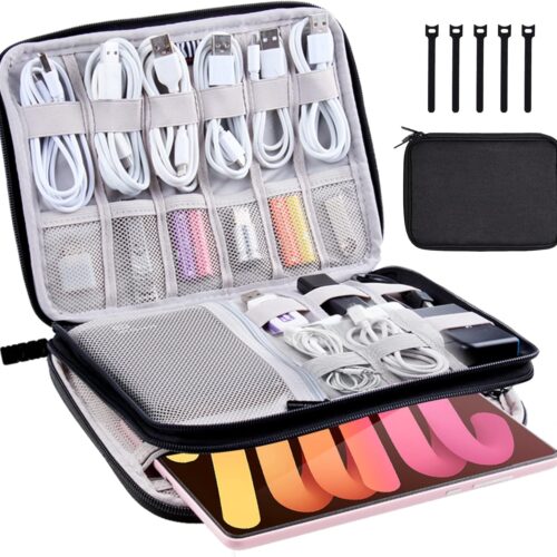 Electronics Organizer Travel Case Cord Cable Charger Organizer Bag Travel Accessories Essentials for Women Men Double Layers Tech Pouch with 5 Cable Ties for Phone Power Bank SD Card USB, Black