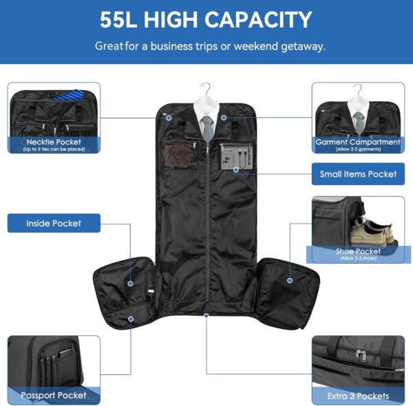 71BsjLsbQL._AC_SL1500_.jpg Garment Duffle Bags for Travel, Bukere Convertible Carry on Garment Duffel Bag for Men Women, Shoe Compartment, 2 in 1 Hanging Dress Suitcase Suit Travel Bags, Midnight Grey