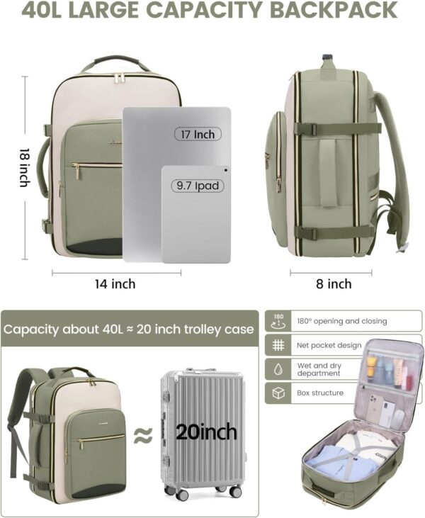 71Buo2BNZNL._AC_SL1500_.jpg LOVEVOOK 40L Travel Backpack for Women & Men, Large Carry on Backpack for Airplanes with 3 Packing Cubes, TSA Personal Item Travel Bag fits 17" Laptop, Waterproof Weekender Essentials Airline Approved