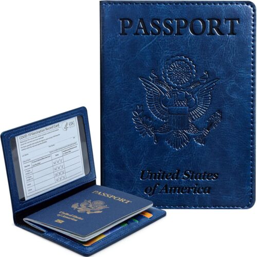 71CrKnU8a4L._AC_SL1500_.jpg Passport Holder Cover Wallet Case RFID Blocking Leather Card Slot Travel Accessories Documents Organizer Protector for Women Men, Navy Blue