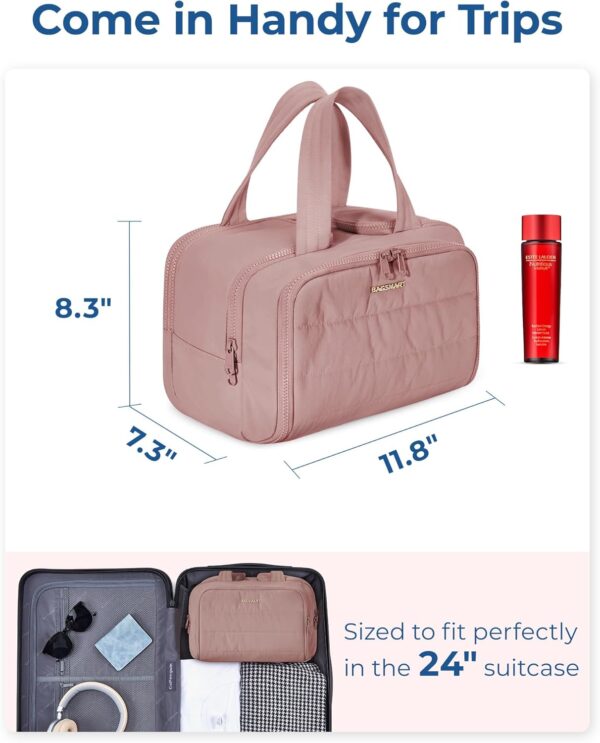 71EyEgqYujL._AC_SL1500_.jpg BAGSMART Travel Toiletry Bag, Lightweight Large Wide-open Travel Bag for Women, Puffy Cosmetic Makeup Bag Organizer with Handle for Accessories,Essentials, Toiletries, Dark Pink