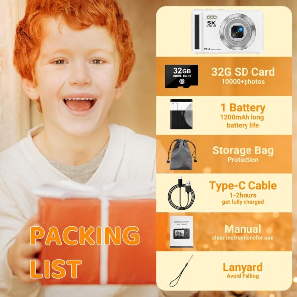 71HjqXOsFCL._AC_SL1500_.jpg 5K Digital Camera - 72MP Digital Cameras with 16X Zoom for Kids' Gifts - Autofocus Point and Shoot Digital Camera for Photography - UHD 2.8'' Screen Compact Portable Camera with 32GB SD Card