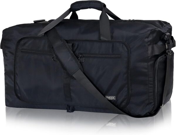 71JVGo-mML._AC_SL1500_.jpg Fmeida 65L Duffle Bag with Shoes Compartment, Foldable Travel Duffel Bags for Men Women, Large Packable Travel Bag Water Repellent & Tear Resistant (Black)